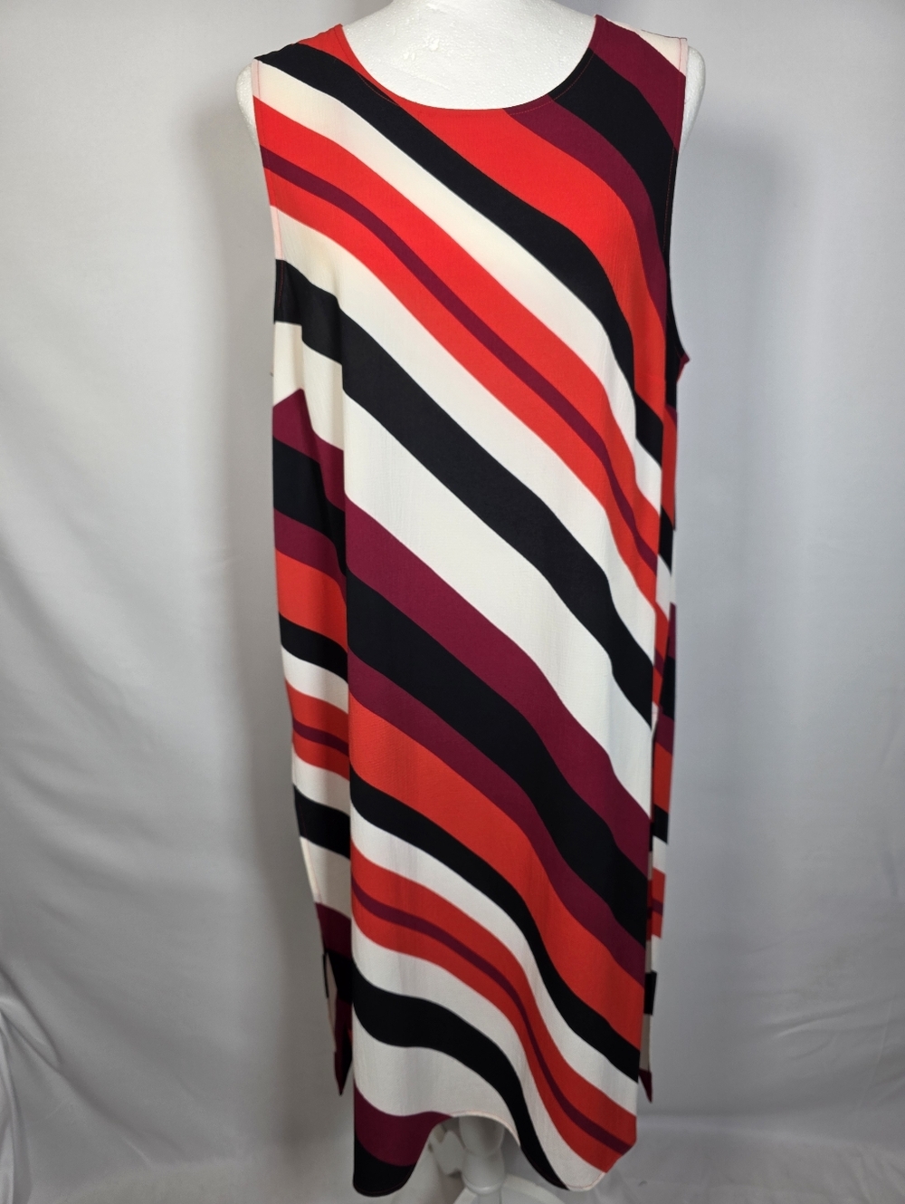 Vince Camuto Dress L Red Black Stripe Sleeveless Shift Knee Length